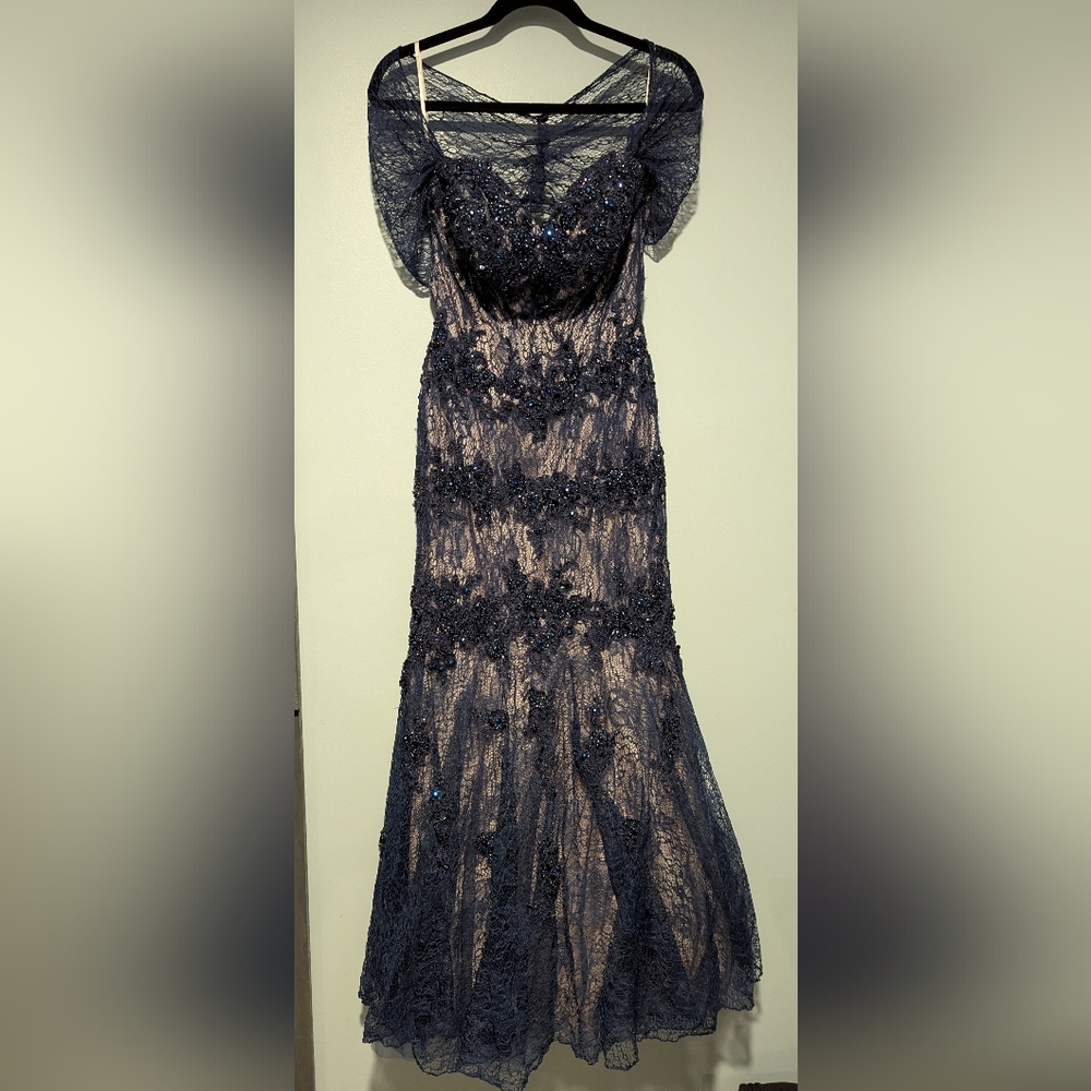 Tony Bowls Navy Lace Dress Gown Removable Lace Wrap. 10